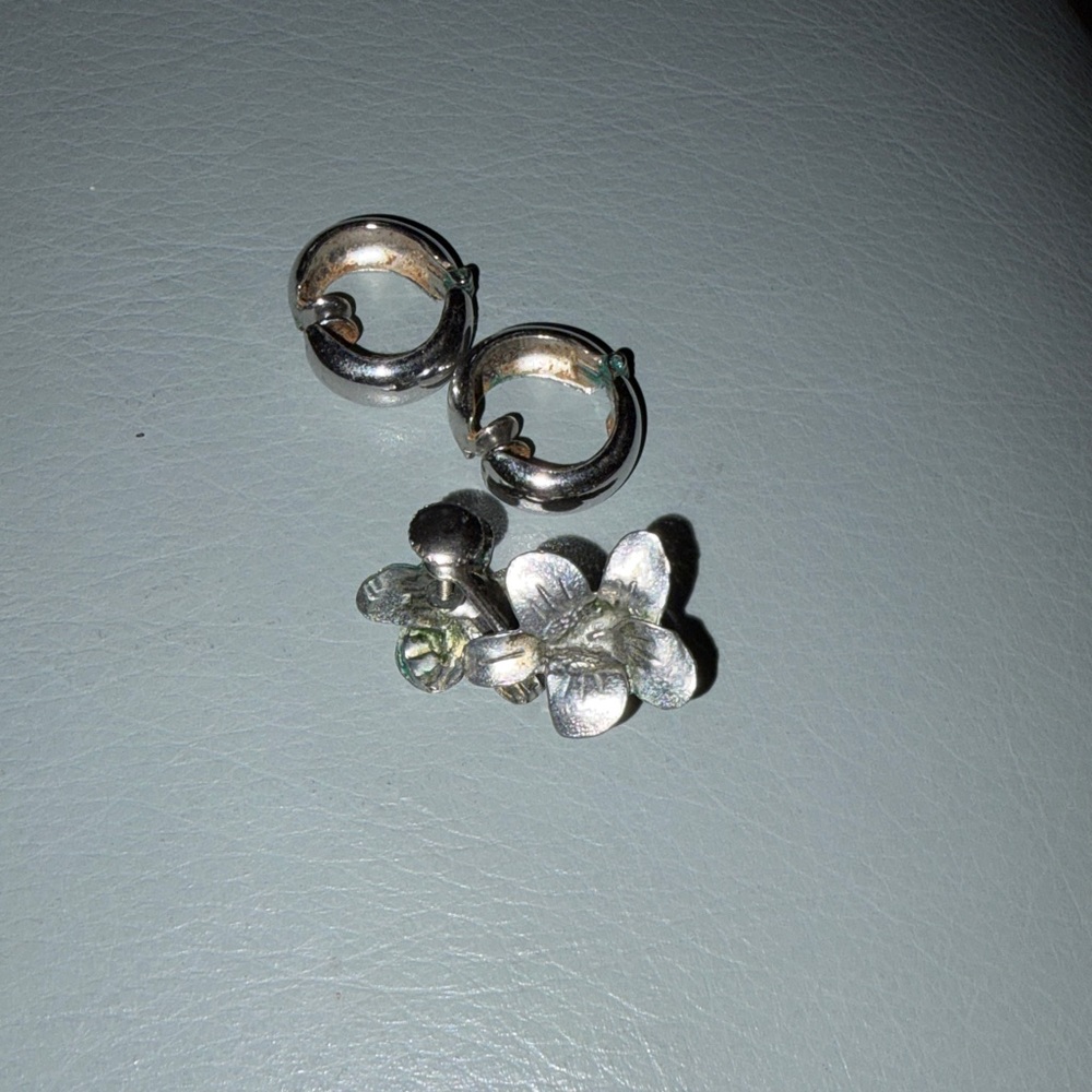 Silver Tone Floral Earrings & Hoop Clip One